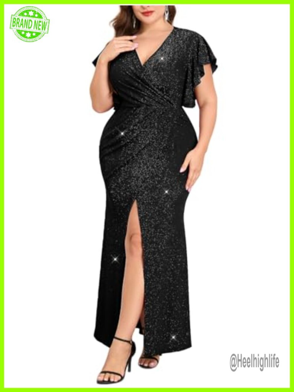 Plus Size Formal Maxi Dress Ruched Flutter Sleeve V Neck Slit Evening Gown